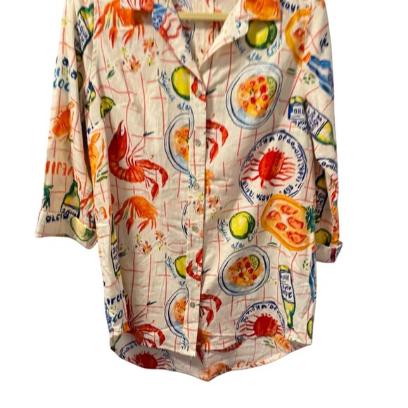 Calypso St. Barth Seafood Print Button-Up Shirt Sz L Linen & Rayon - Picture 6 of 12